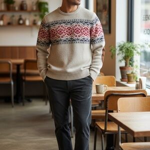 Vineyard Vines Cream and Red Crewneck Fair Isle Sweater Men’s Medium